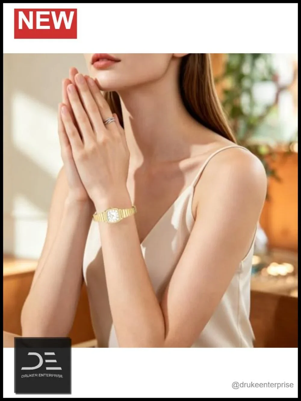Small Gold Plated Rectangular Watch Roman Dial Quartz 3ATM